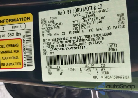 2021 Ford Bronco Sport Badlands z USA, uszkodzony, nr VIN 3FMCR9D9XMRA14246